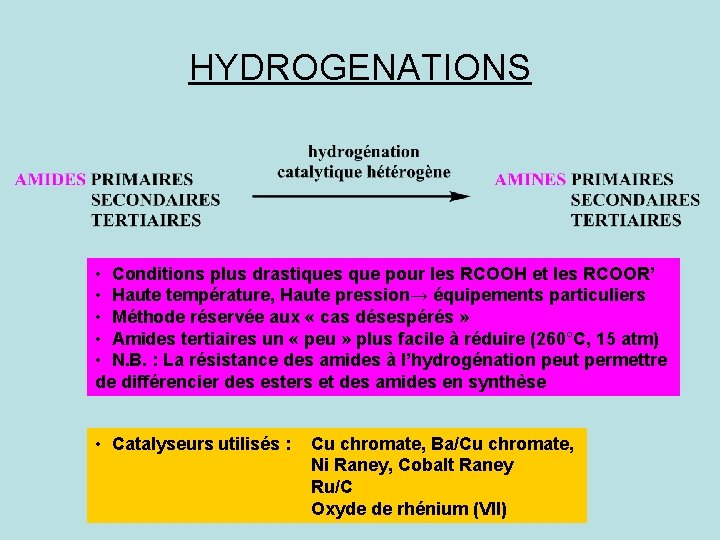 HYDROGENATIONS • Conditions plus drastiques que pour les RCOOH et les RCOOR’ • Haute