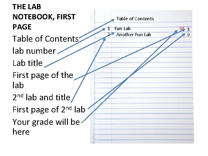 THE LAB NOTEBOOK, FIRST PAGE Table of Contents lab number Lab title First page