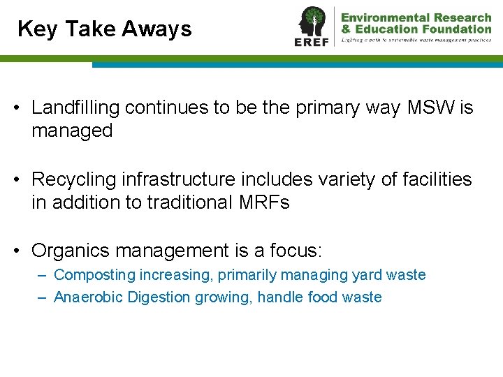 Key Take Aways • Landfilling continues to be the primary way MSW is managed