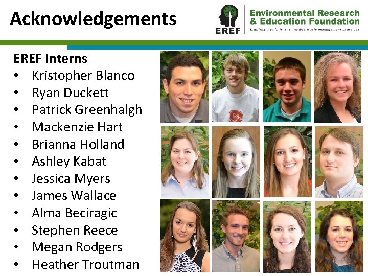 Acknowledgements EREF Interns • Kristopher Blanco • Ryan Duckett • Patrick Greenhalgh • Mackenzie