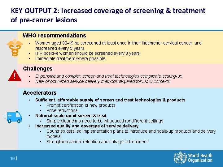 KEY OUTPUT 2: Increased coverage of screening & treatment of pre-cancer lesions WHO recommendations