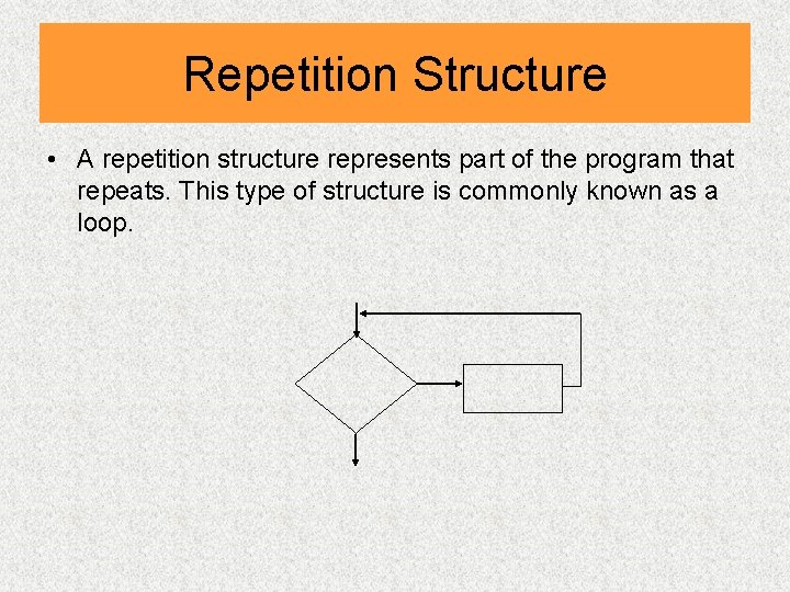 Repetition Structure • A repetition structure represents part of the program that repeats. This