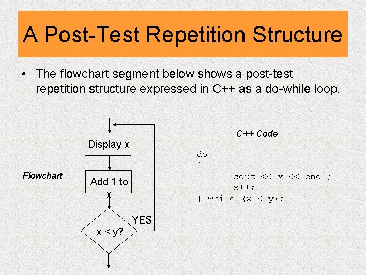 A Post-Test Repetition Structure • The flowchart segment below shows a post-test repetition structure