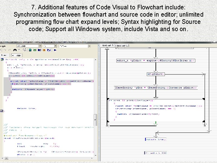 7. Additional features of Code Visual to Flowchart include: Synchronization between flowchart and source