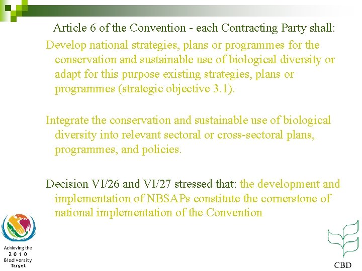 Article 6 of the Convention - each Contracting Party shall: Develop national strategies, plans