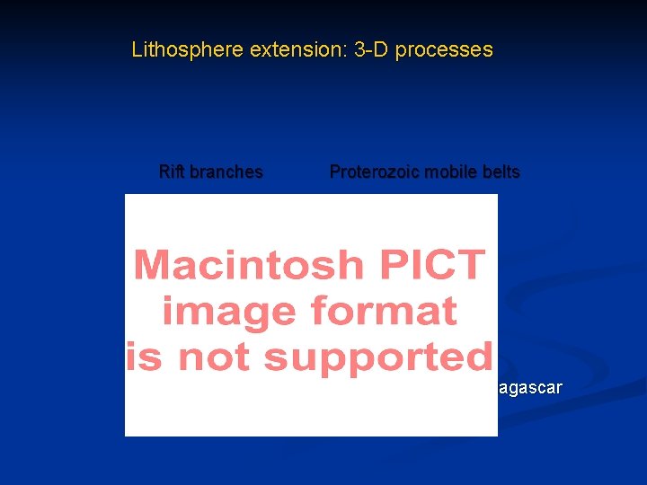 Lithosphere extension: 3 -D processes Rift branches Proterozoic mobile belts Africa Madagascar 
