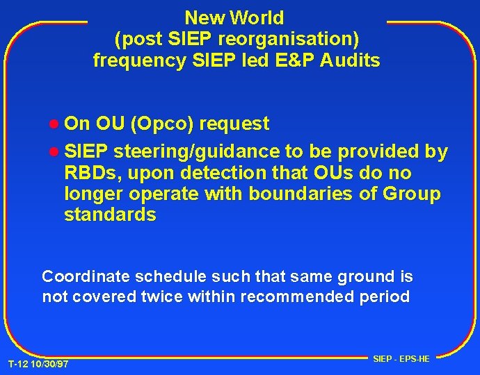 New World (post SIEP reorganisation) frequency SIEP led E&P Audits l On OU (Opco)