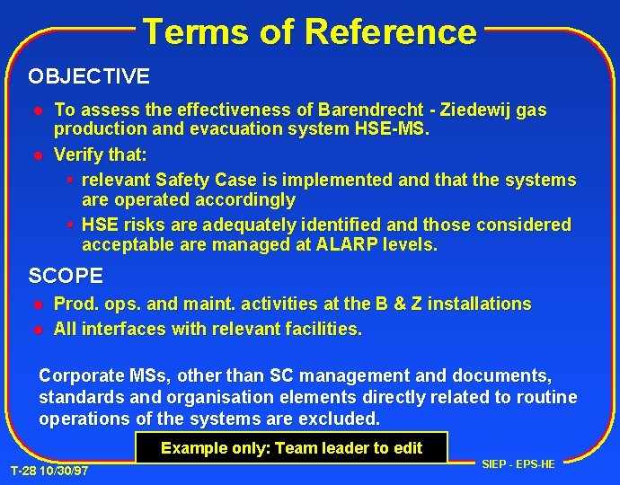 Terms of Reference OBJECTIVE To assess the effectiveness of Barendrecht - Ziedewij gas production