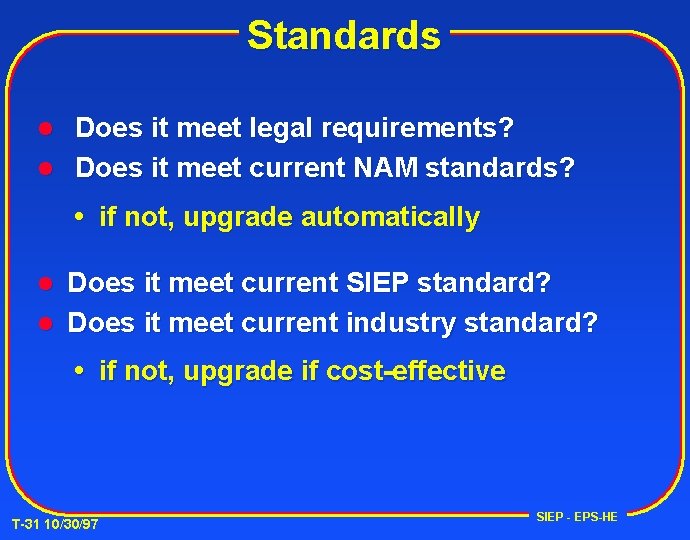 Standards Does it meet legal requirements? l Does it meet current NAM standards? l