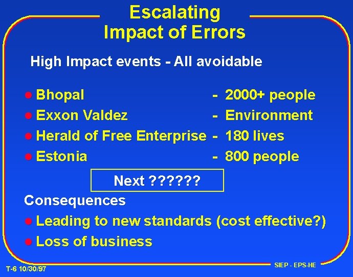 Escalating Impact of Errors High Impact events - All avoidable l Bhopal l Exxon