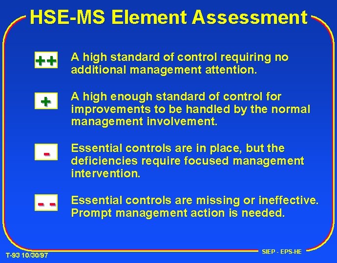 HSE-MS Element Assessment ++ A high standard of control requiring no additional management attention.