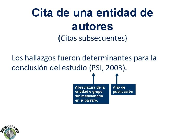 Cita de una entidad de autores (Citas subsecuentes) Los hallazgos fueron determinantes para la