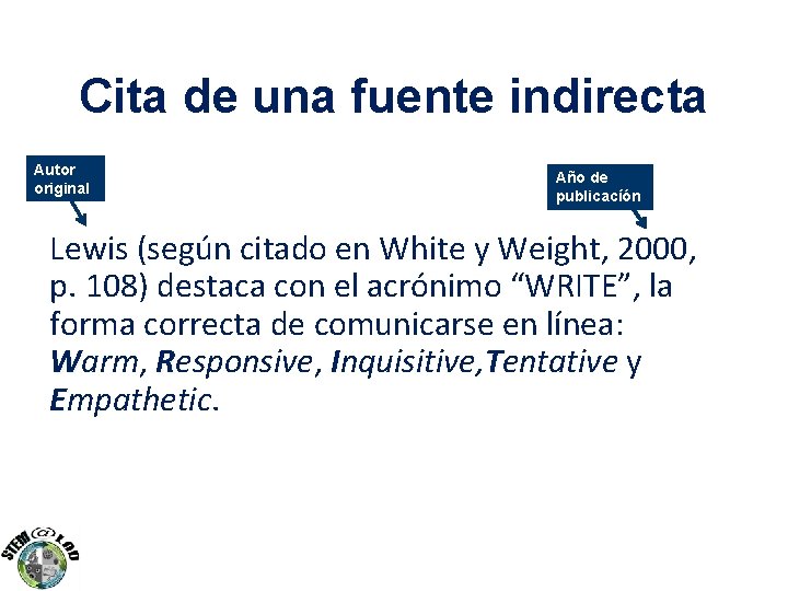 Cita de una fuente indirecta Autor original Año de publicacíón Lewis (según citado en