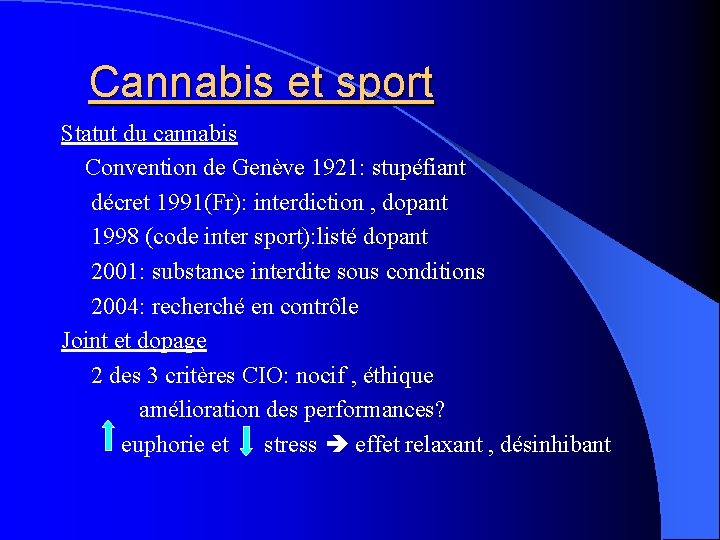 Cannabis et sport Statut du cannabis Convention de Genève 1921: stupéfiant décret 1991(Fr): interdiction