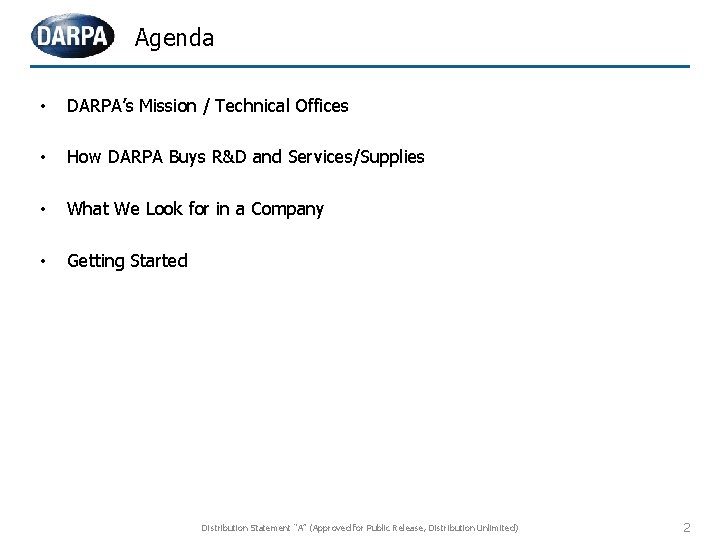 Agenda • DARPA’s Mission / Technical Offices • How DARPA Buys R&D and Services/Supplies