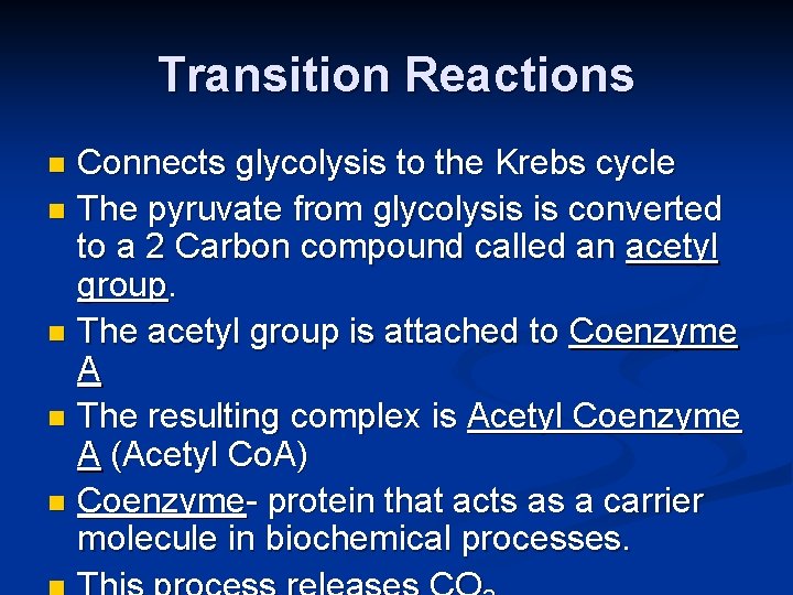Transition Reactions Connects glycolysis to the Krebs cycle n The pyruvate from glycolysis is