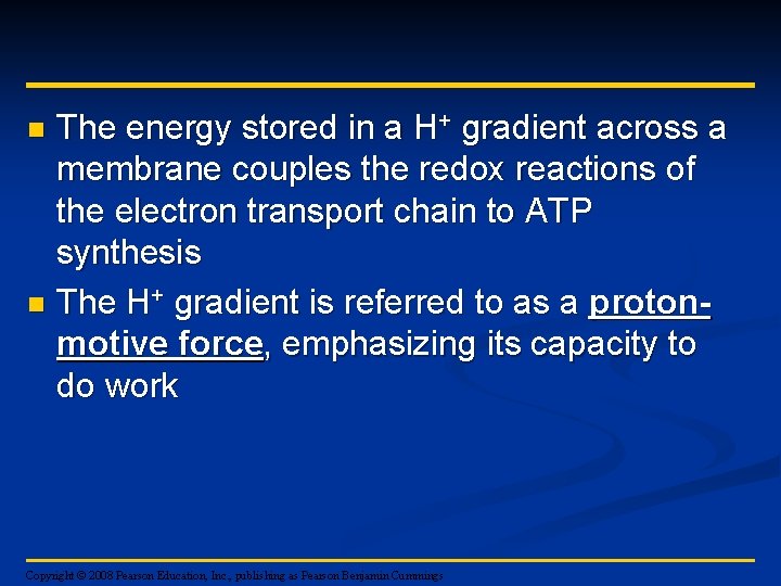 The energy stored in a H+ gradient across a membrane couples the redox reactions