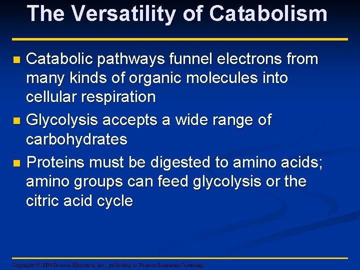 The Versatility of Catabolism Catabolic pathways funnel electrons from many kinds of organic molecules