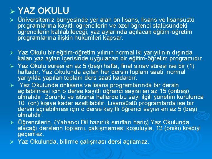 Ø YAZ OKULU Ø Üniversitemiz bünyesinde yer alan ön lisans, lisans ve lisansüstü programlarına