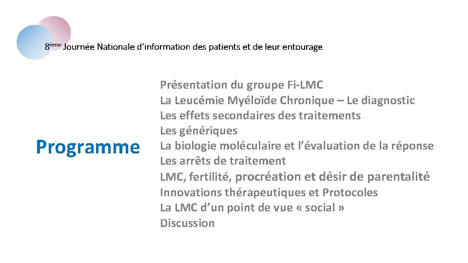 Programme Présentation du groupe Fi-LMC La Leucémie Myéloïde Chronique – Le diagnostic Les effets