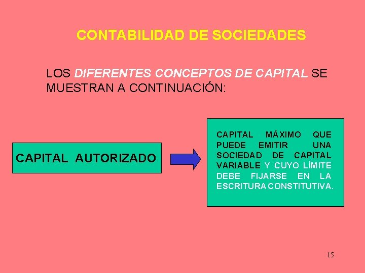 CONTABILIDAD DE SOCIEDADES LOS DIFERENTES CONCEPTOS DE CAPITAL SE MUESTRAN A CONTINUACIÓN: CAPITAL AUTORIZADO