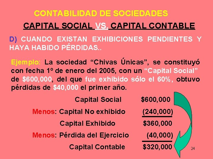 CONTABILIDAD DE SOCIEDADES CAPITAL SOCIAL VS. CAPITAL CONTABLE D) CUANDO EXISTAN EXHIBICIONES PENDIENTES Y