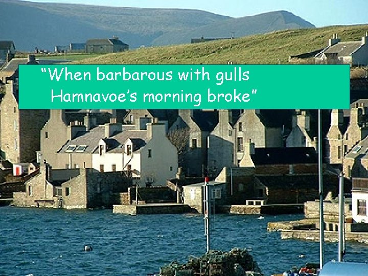 “When barbarous with gulls Hamnavoe’s morning broke” 