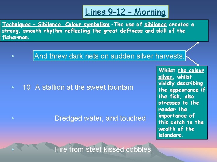 Lines 9 -12 - Morning Techniques – Sibilance, Colour symbolism -The use of sibilance