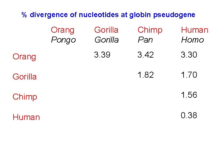 % divergence of nucleotides at globin pseudogene Orang Pongo Orang Gorilla Chimp Pan Human