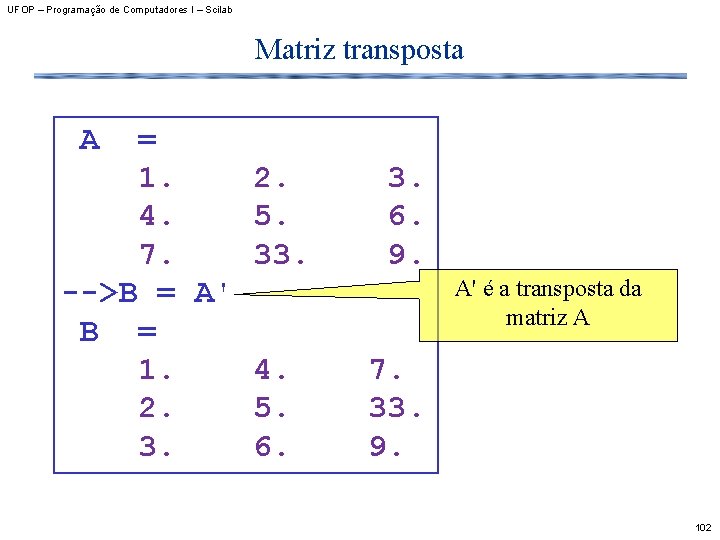 UFOP – Programação de Computadores I – Scilab Matriz transposta A = 1. 2.