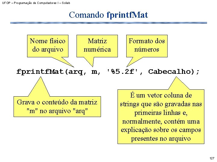 UFOP – Programação de Computadores I – Scilab Comando fprintf. Mat Nome físico do
