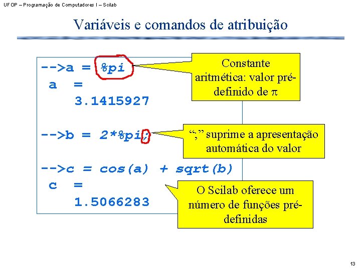 UFOP – Programação de Computadores I – Scilab Variáveis e comandos de atribuição -->a