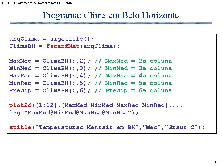 UFOP – Programação de Computadores I – Scilab Programa: Clima em Belo Horizonte arq.