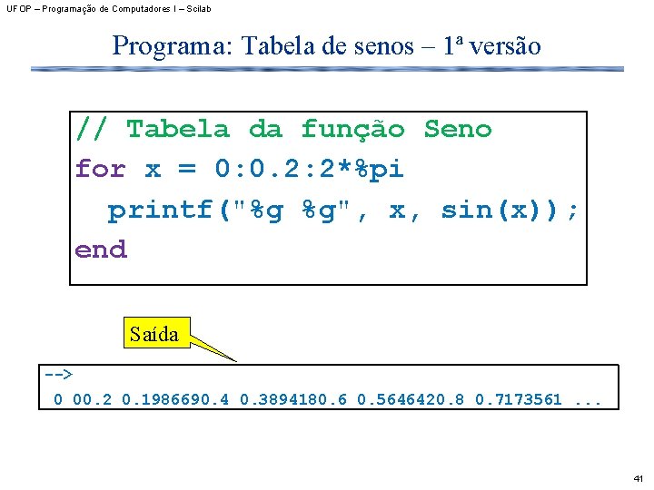 UFOP – Programação de Computadores I – Scilab Programa: Tabela de senos – 1ª