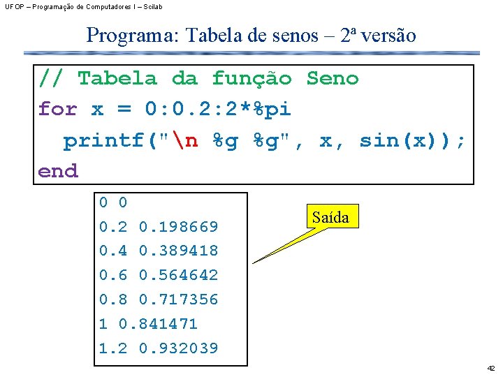UFOP – Programação de Computadores I – Scilab Programa: Tabela de senos – 2ª