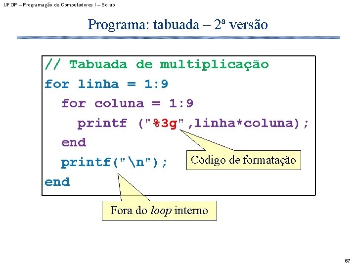 UFOP – Programação de Computadores I – Scilab Programa: tabuada – 2ª versão //