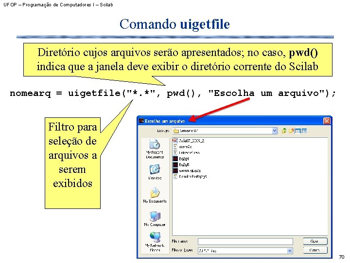 UFOP – Programação de Computadores I – Scilab Comando uigetfile Diretório cujos arquivos serão