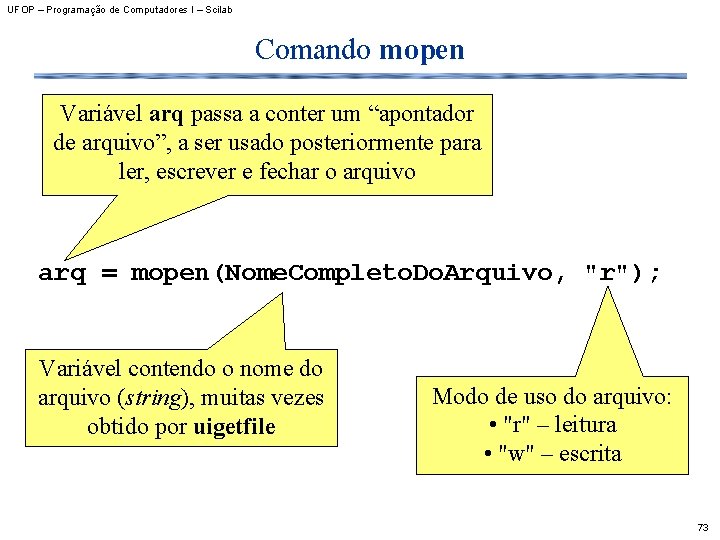 UFOP – Programação de Computadores I – Scilab Comando mopen Variável arq passa a