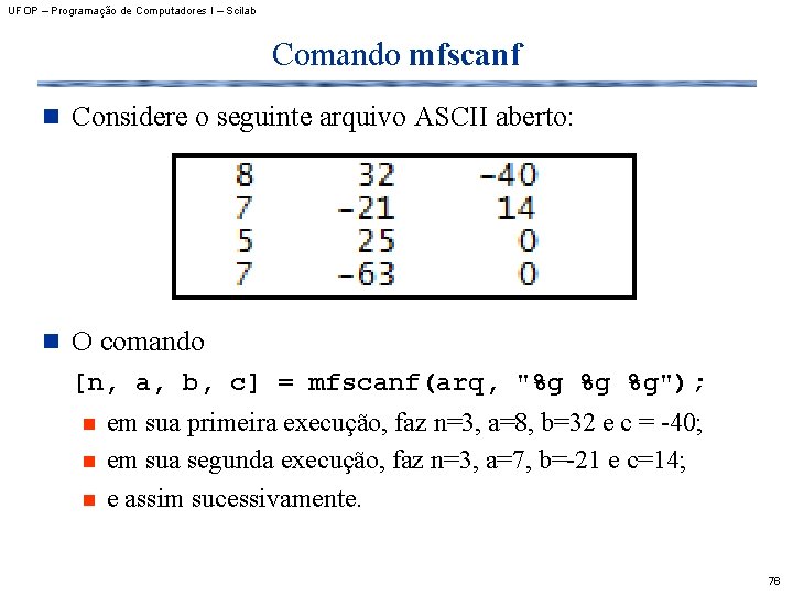 UFOP – Programação de Computadores I – Scilab Comando mfscanf n Considere o seguinte