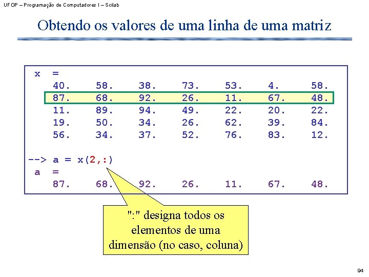 UFOP – Programação de Computadores I – Scilab Obtendo os valores de uma linha