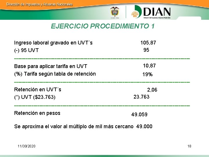 EJERCICIO PROCEDIMIENTO 1 Ingreso laboral gravado en UVT´s (-) 95 UVT 105, 87 95