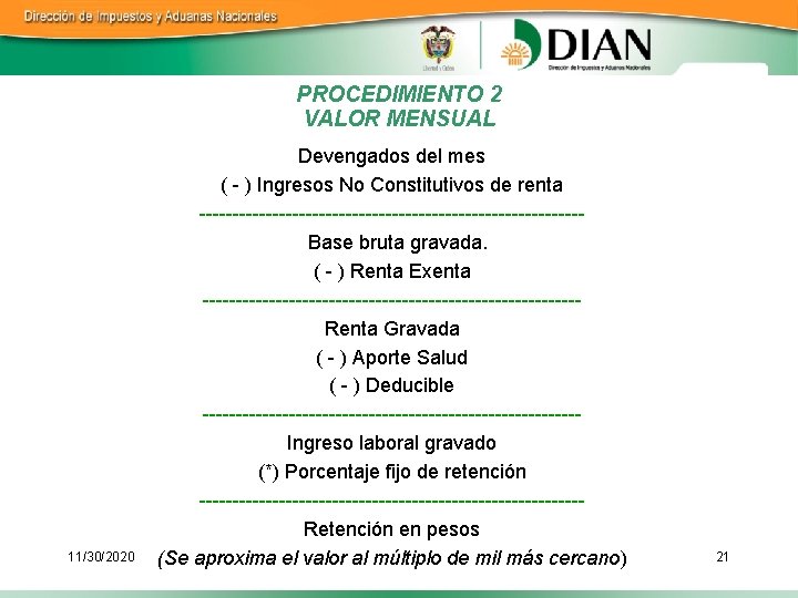 PROCEDIMIENTO 2 VALOR MENSUAL 11/30/2020 Devengados del mes ( - ) Ingresos No Constitutivos
