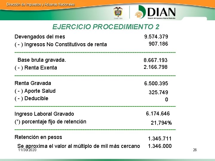 EJERCICIO PROCEDIMIENTO 2 9. 574. 379 Devengados del mes 907. 186 ( - )