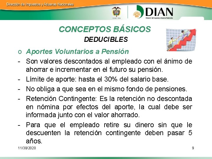 CONCEPTOS BÁSICOS DEDUCIBLES o Aportes Voluntarios a Pensión - Son valores descontados al empleado