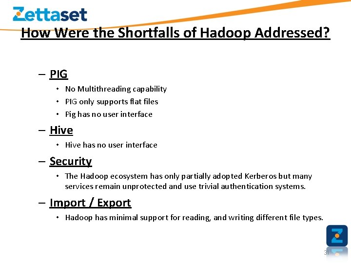 How Were the Shortfalls of Hadoop Addressed? – PIG • No Multithreading capability •