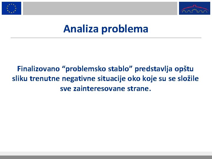 Analiza problema Finalizovano “problemsko stablo” predstavlja opštu sliku trenutne negativne situacije oko koje su