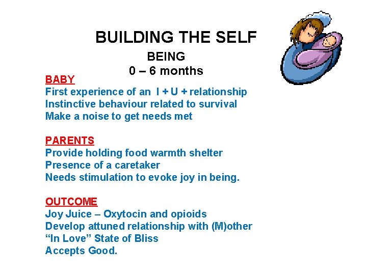 BUILDING THE SELF BEING 0 – 6 months BABY First experience of an I