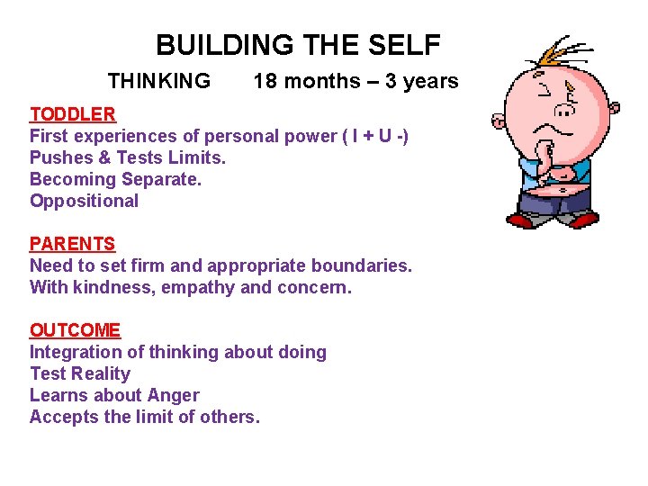 BUILDING THE SELF THINKING 18 months – 3 years TODDLER First experiences of personal