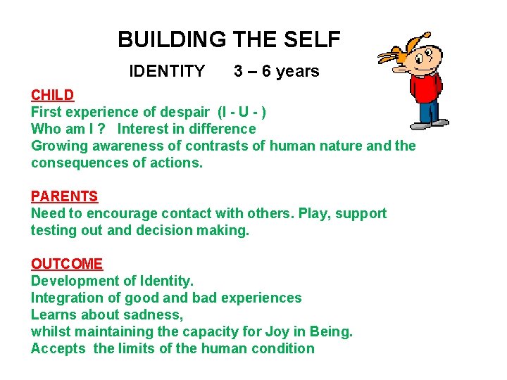 BUILDING THE SELF IDENTITY 3 – 6 years CHILD First experience of despair (I