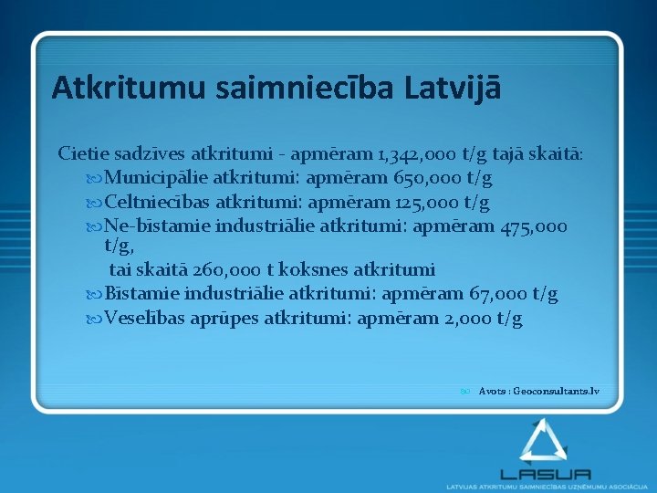 Atkritumu saimniecība Latvijā Cietie sadzīves atkritumi - apmēram 1, 342, 000 t/g tajā skaitā: